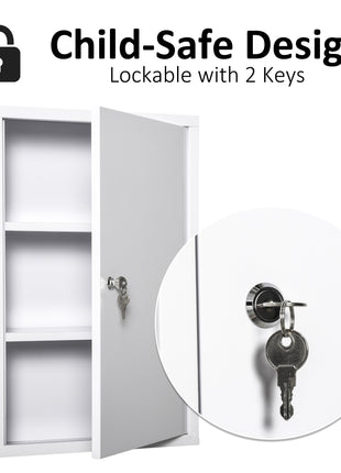 Steel Wall Mount Medicine Cabinet 3 Tier Emergency Box for Bathroom Kitchen, Lockable with 2 Keys - White