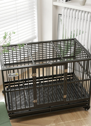 48" Heavy Duty Dog Crate Metal Cage Kennel with Lockable Wheels, Double Door and Removable Tray, gray