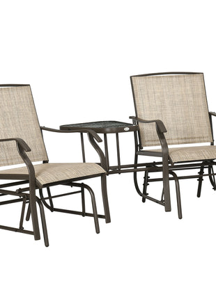 Outdoor Glider Chairs with Coffee Table, Patio 2-Seat Rocking Chair Swing Loveseat with Breathable Sling for Backyard, Garden, and Porch, Light Brown