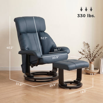 Massage Recliner Chair with Ottoman, 360° Swivel Recliner and Footstool, 10-Point Vibration, Blue