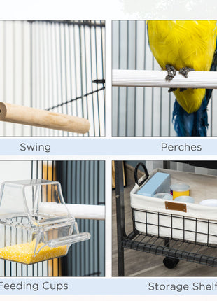 45-inch Metal Indoor Bird Cage, Parrot Cage, Bird Aviary with Detachable Rolling Stand, Storage Basket, and Accessories - Black