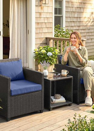 3 Piece Patio Bistro Set, Wicker Furniture Set with Thick Cushions, Glass Coffee Table and Chairs for Garden, Dark Blue