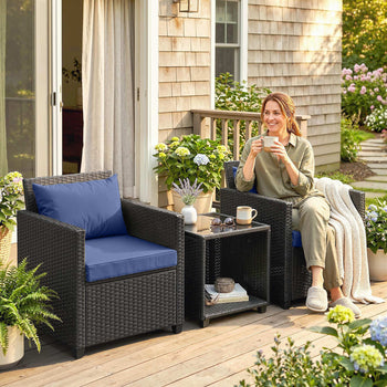 3 Piece Patio Bistro Set, Wicker Furniture Set with Thick Cushions, Glass Coffee Table and Chairs for Garden, Dark Blue