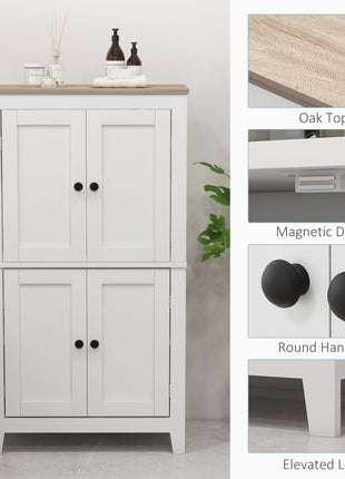 Bathroom Storage Cabinet, Modern Bathroom Floor Cabinet with 4 Doors and 2 Adjustable Shelves, White