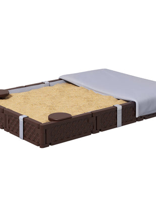 Kids Sandbox with Cover, 4 Corner Seats, Bottom Liner for Backyard, Garden, Outdoor, 73" x 47" x 9", Dark Brown