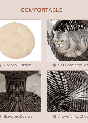 Elevated Cat Bed with Rotatable Egg Chair Pod, Cat Basket Bed with Thick Cushion, Natural Mat Grass Woven Kitty House, Coffee