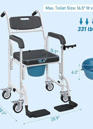 Rolling Shower Wheelchair for Seniors, Bedside Commode Chair with Locking Wheels, Seat, Backrest, Arms, Black
