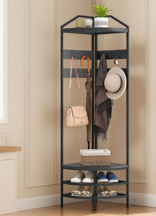 Corner Hall Tree, Industrial 4-Tier Coat Rack with Shoe Storage, 8 Movable Hooks and 2 Shelves for Hallway, Black