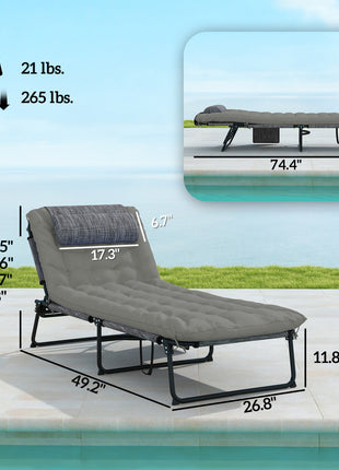 Folding Chaise Lounge Pool Chair with 4-level Reclining Back, Cushion, Side Pocket, Headrest, Gray