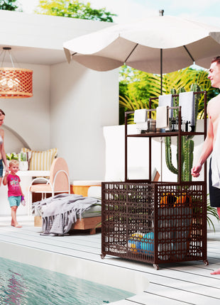 Wicker Pool Float Storage Organizer, PE Rattan Pool Float Holder with Basket Shelf Towel Bars, Rolling Pool Caddy for Floaties, Noodles, Life Vests, Beach Balls, Brown