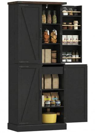 72" Tall Kitchen Pantry Cabinet, Farmhouse Storage Cabinet with 8 Door Racks and Adjustable Shelves, Black