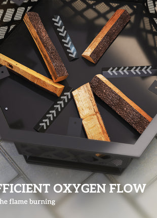 28" Outdoor Fire Pit with Grill Hexagon Fireplace Wood Burning Firepit with Cooking Grate, Fire Poker, Spark Screen Lid