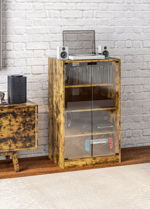5-Tier Media Cabinet, Media Stand with Adjustable Shelves, Tempered Glass Doors, and Cable Management, Rustic Brown