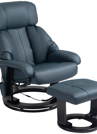 Swivel Recliner with Ottoman, Faux Leather Reclining Chair with Massage, Footstool Remote and Side Pocket, Blue