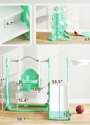 4 in 1 Toddler Slide and Swing Set for Ages 1.5-4, Toddler Playset Playground with Climber, Basketball Hoop, Green