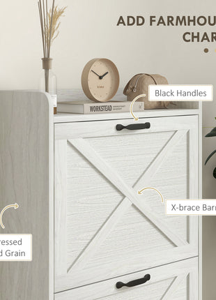Slim Shoe Storage Cabinet, Farmhouse Shoe Cabinet with 2 Flip Drawers, Adjustable Shelves for 8 Pairs, Distressed White