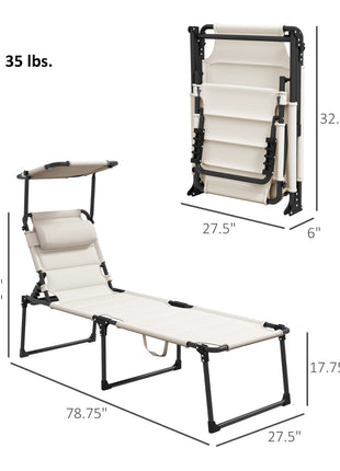2 Pcs Outdoor Lounge Chair, 4 Position Adjustable Backrest, Folding, Cushioned w/ Sun Shade Roof & Pillow, Cream White