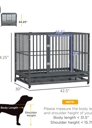 43" Heavy Duty Dog Crate Metal Cage Kennel with Lockable Wheels, Double Door and Removable Tray, Gray