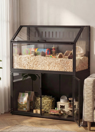 Hamster Cage with Storage Cabinet, Small Animal Cage with Easy View Acrylic Panels and Openable Top, Guinea Pig Habitat