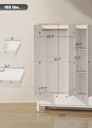 3 Doors Wardrobe Closet with 2 Drawers, Bedroom Armoire with Lockable Drawer, Hanging Rod and Storage Shelves, White