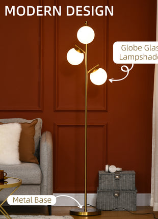 Modern 3-Light Floor Lamp for Living Room, Tree Standing Lamp with Globe Lampshades, 10.75"x10.75"x66.5", Gold