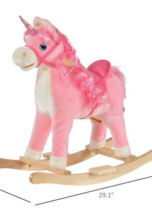 Kids Rocking Horse, Ride on Unicorn with Wooden Base, Tail Wag & Sounds for Toddlers 3-6 Years Old, Pink