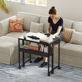 Folding Computer Desk, Foldable Desk with Storage Bag, Shelf and Wheels for Small Spaces, Home Office, Black