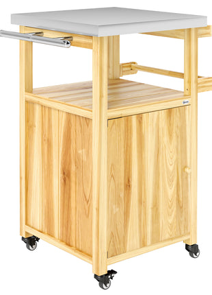 Outdoor Grill Cart w/ Stainless Steel Top, Solid Wood Outdoor Kitchen Island w/ Wheels, Integrated Hole, Natural Wood