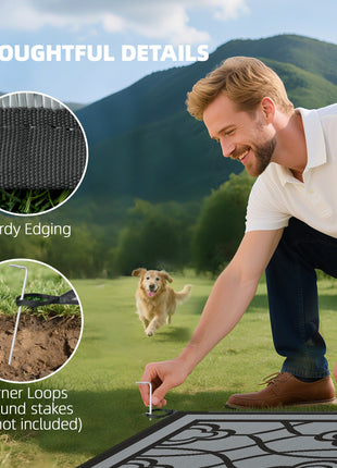 Reversible Outdoor Rug, Waterproof Plastic Straw with Carry Bag, 9' x 18', Black & Gray Lantern