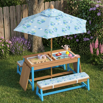 Kids Picnic Table Set with Foldable Umbrella, Removable Cushions & Boxes, Dinosaur Theme, Blue