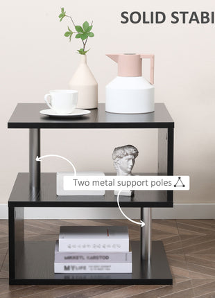 20" Modern End Table, Accent Side Table, S-Shaped Coffee Table with Storage Shelf and Steel Poles, Black