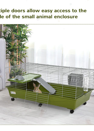 47" Small Animal Cage Chinchilla Guinea Pig Hutch Pet House with Platform Ramp, Food Dish, Wheels, & Water Bottle