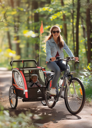 2-in-1 Walk/Ride Child Baby Bike Trailer for Kids 2 Seater, High-Visibility Bike Stroller for Toddler Wagon, Weather-Strong Double Bicycle Trailer Accessory, Red