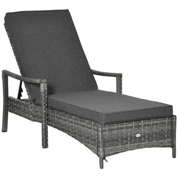 Wicker Chaise Lounge, 4 Position Adjustable Backrest and Cushions Outdoor Lounge Chair PE Rattan Sun Lounger for Poolside, Balcony or Garden, Dark Grey