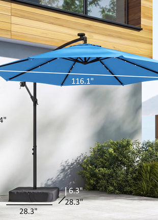 10 ft Cantilever Patio Umbrella with Light, Weight, Offset Hanging Outdoor Umbrella with Protective Cover, Lake Blue
