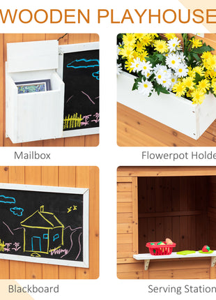Wooden Playhouse for Kids Outdoor with Working Door, Windows, Mailbox, Bench, Flowers Pot Holder, 48" x 42.5" x 53"