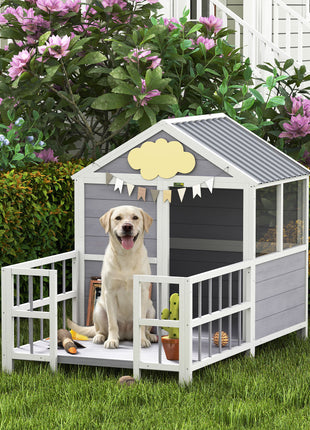 Outdoor Dog House, 61"L Wooden Dog House with Porch, Weatherproof Roof, Elevated Base, Air Vents & Observation Windows