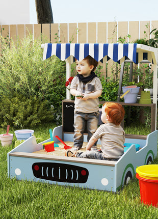 Kids Wooden Sandbox with Canopy with Bench Seats, Bottom Liner, Drawing Board, Planting Boxes for Backyard, Garden, Blue