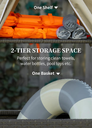Outdoor Towel Valet Caddy,Covered Poolside Towel Holder Rack,Shelf,Rolling PE Rattan Wicker Storage on Wheels,Beige