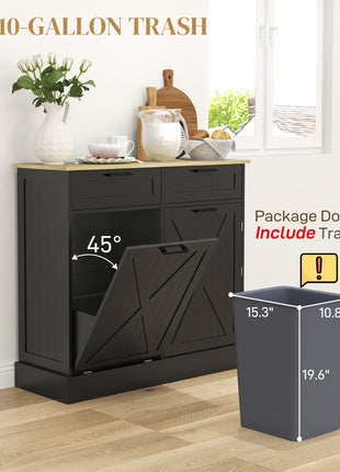 10 Gallon Farmhouse Kitchen Cabinet with Hidden Trash Can and 2 Drawers, Tilt Out Trash Can Cabinet for Kitchen, Black