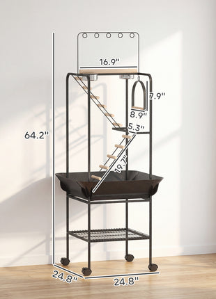 64"H Rolling Bird Playground Parrot Stand with Seed Guard & Wheels, Ladders, Swing, Toy Hook & Bowls