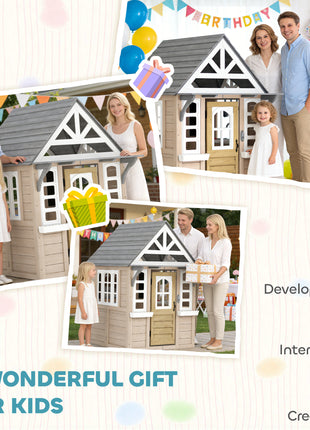 Outdoor Playhouse, Wooden Kids Playhouse with Dog Door, Cookware, Planter Box, Bell, Blackboard, Clock for Backyard