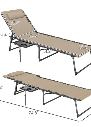 Folding Outdoor Chaise Lounge Chair Tanning Chair with 5-Level Adjustable Back, Side Table, Pillow, Pocket, Beige