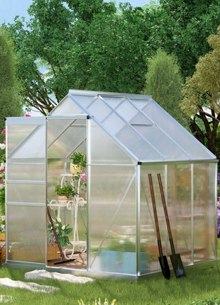 6' x 6' x 6.5' Polycarbonate Greenhouse with Aluminum Frame, Walk-in Heavy Duty Green House with Adjustable Roof Vent, Rain Gutter and Sliding Door for Winter, Silver