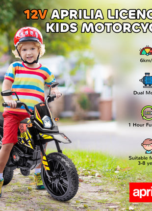 12V Aprilia Licenced Kids Motorcycle with Training Wheels, Spring Suspension, LED Light, USB, Music, Yellow