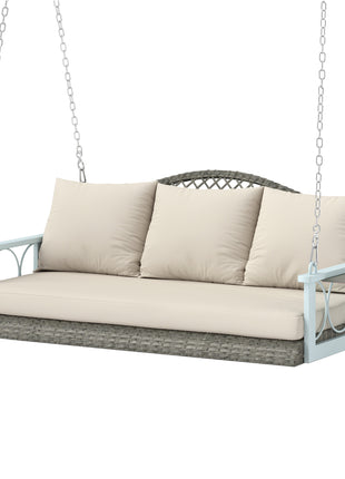 3 Person Wicker Hanging Outdoor Patio Porch Swing Bench with Cup Holders, Cushions, and Chains, Natural