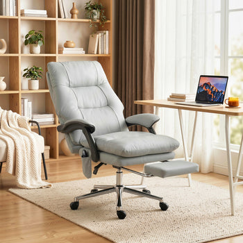 Massage Office Chair with 6-Point Vibration, Pet-Friendly Faux Leather Ergonomic Executive Desk Chair, Light Gray