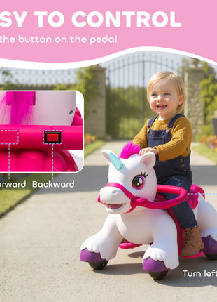 12V Unicorn Ride on Horse with Carrot Toy, Comb, Animal Sounds, for Girls Boys Aged 1.5-3 Years Old