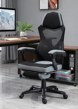 Home Office Chair Adjustable Height Recliner with Retractable Footrest, Mesh Back - Gray