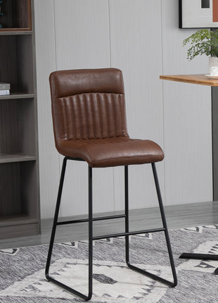 30" Industrial Bar Stool, PU Leather Barstool with Footrest, Upholstered Armless Pub Height Chair, Brown / Black